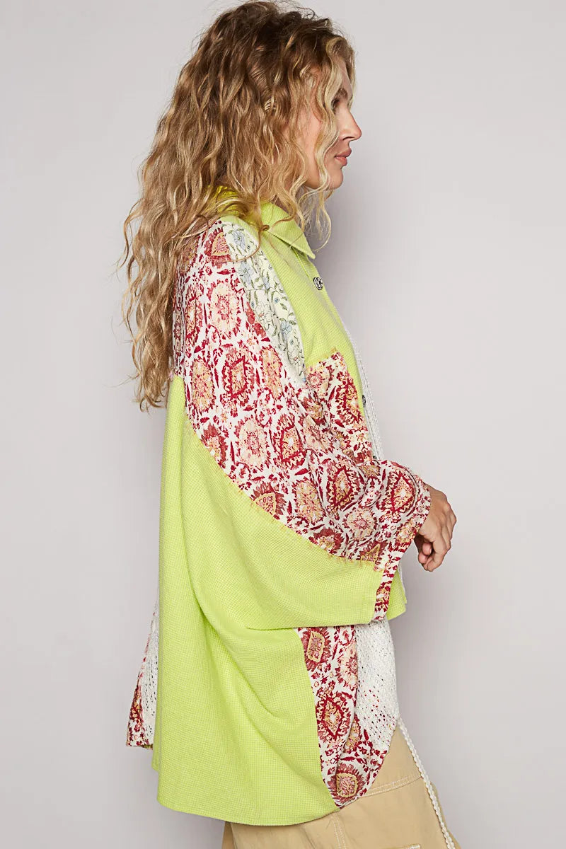 POL Thermal and Crochet Lace Mix Shirt with Floral Pattern - Tigbul's Variety Fashion Shop