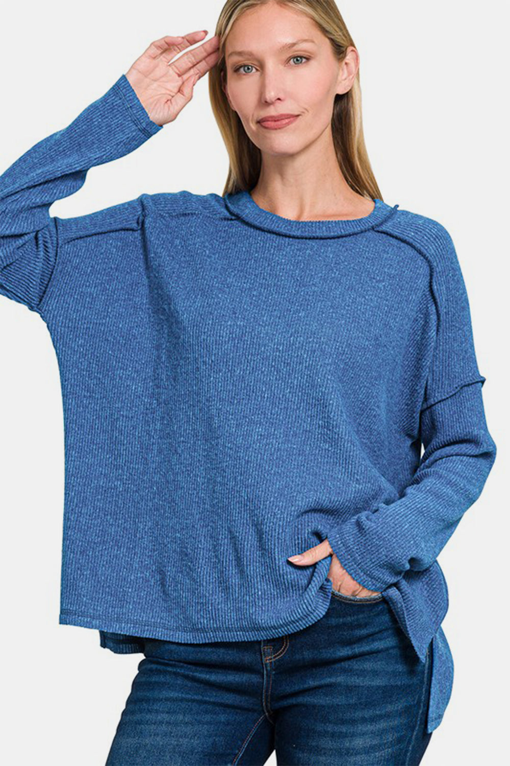 Navy Exposed Seam Brushed Round Neck Sweater - Tigbul's Variety Fashion Shop