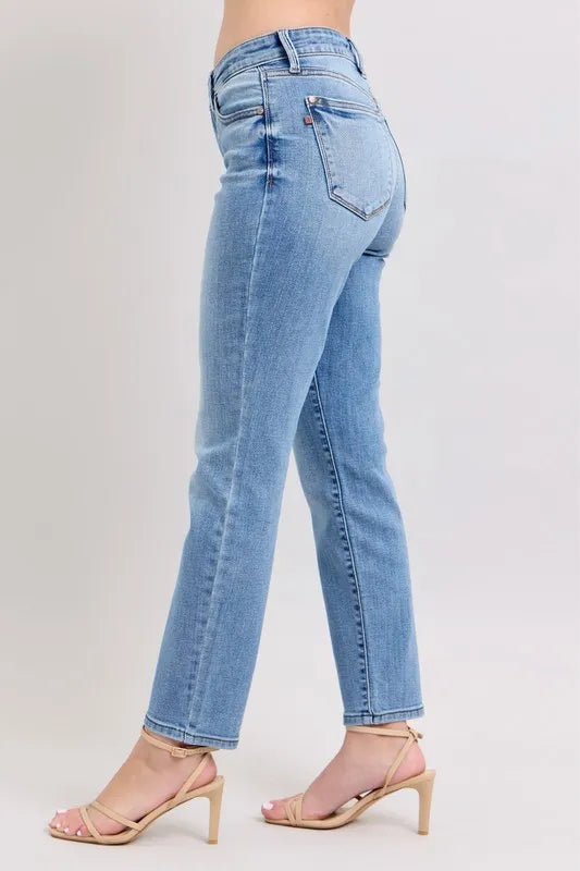 Judy Blue Full Size Mid Rise Vintage Wash Slim Jeans with Cell Phone Pocket Plus Size - Tigbul's Variety Fashion Shop