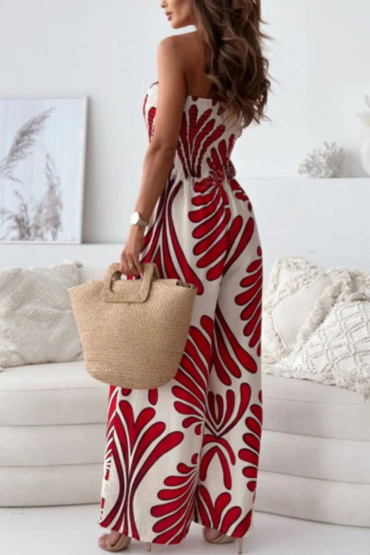 Printed Smocked Tube Wide Leg Jumpsuit - Tigbul's Variety Fashion Shop