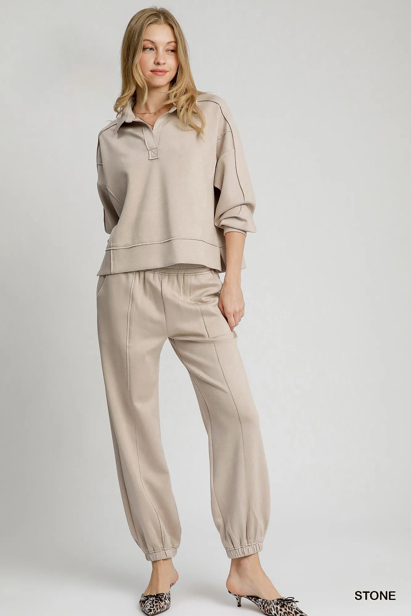 Umgee Exposed Seam Long Sleeve Polo Top with Side Slit - Tigbul's Variety Fashion Shop