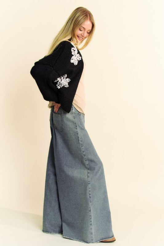 Davi & Dani Floral Applique Open Front Dropped Shoulder Cardigan - Tigbul's Variety Fashion Shop