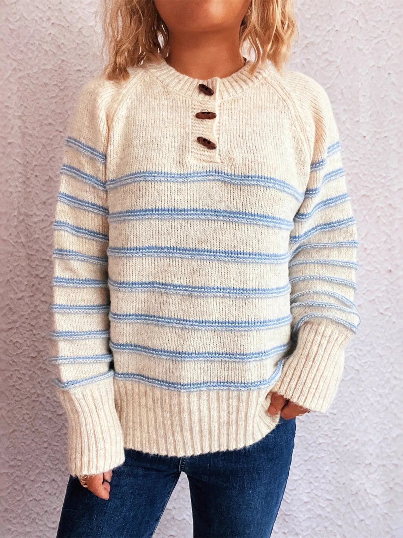 Striped Button Detail Long Sleeve Sweater - Tigbul's Variety Fashion Shop