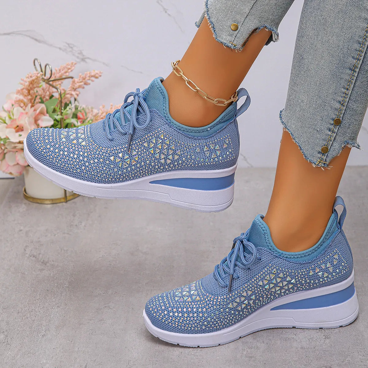 Breathable Mesh Rhinestone Wedge Athletic Sneakers - Tigbul's Variety Fashion Shop