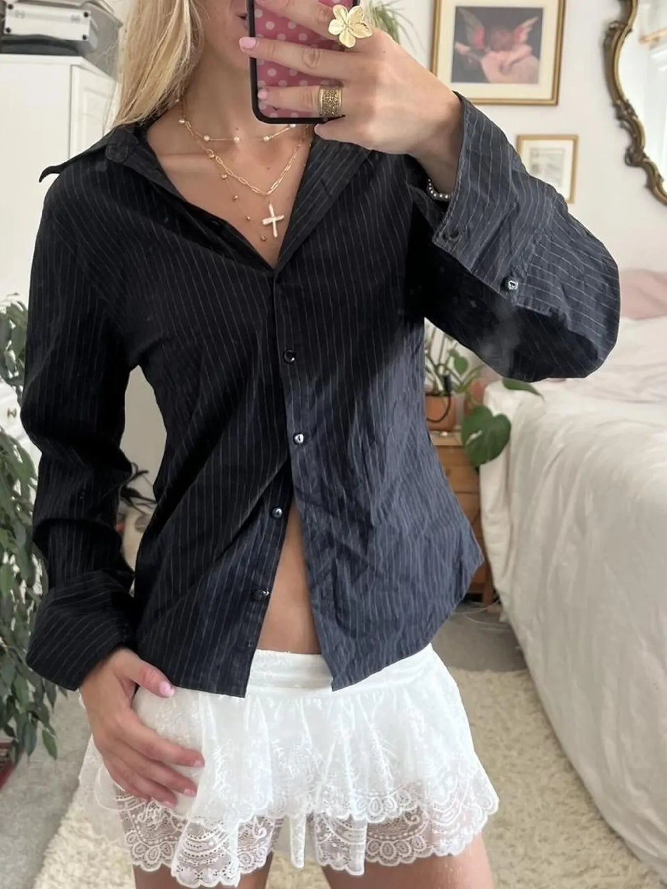 Printed Button-Down Long Sleeve Shirt - Tigbul's Variety Fashion Shop