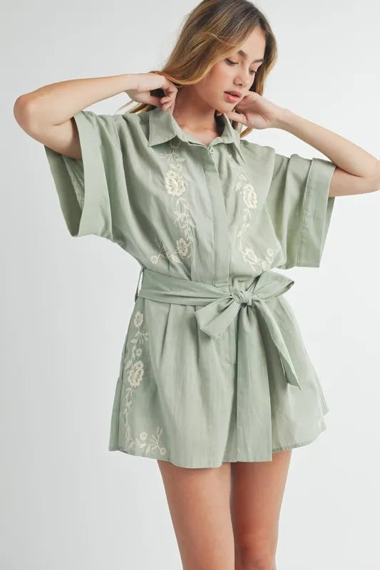 Embroidered Button Down Collared Neck Romper - Tigbul's Variety Fashion Shop