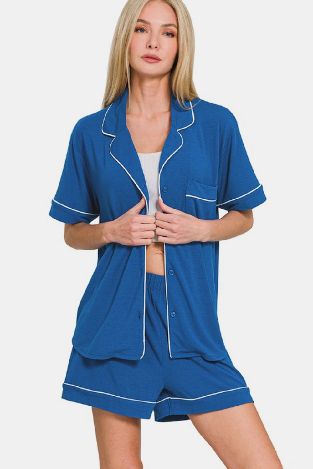 Blue Button Down Short Sleeve Top and Shorts Lounge Set - Tigbul's Variety Fashion Shop