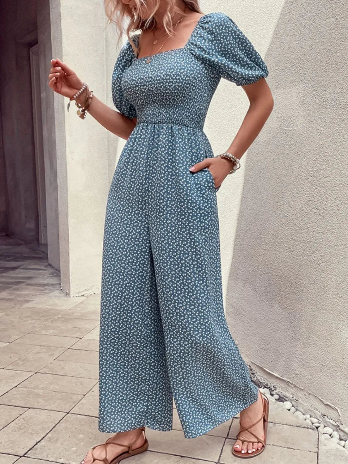 Printed Square Neck Puff Sleeve Jumpsuit - Tigbul's Variety Fashion Shop