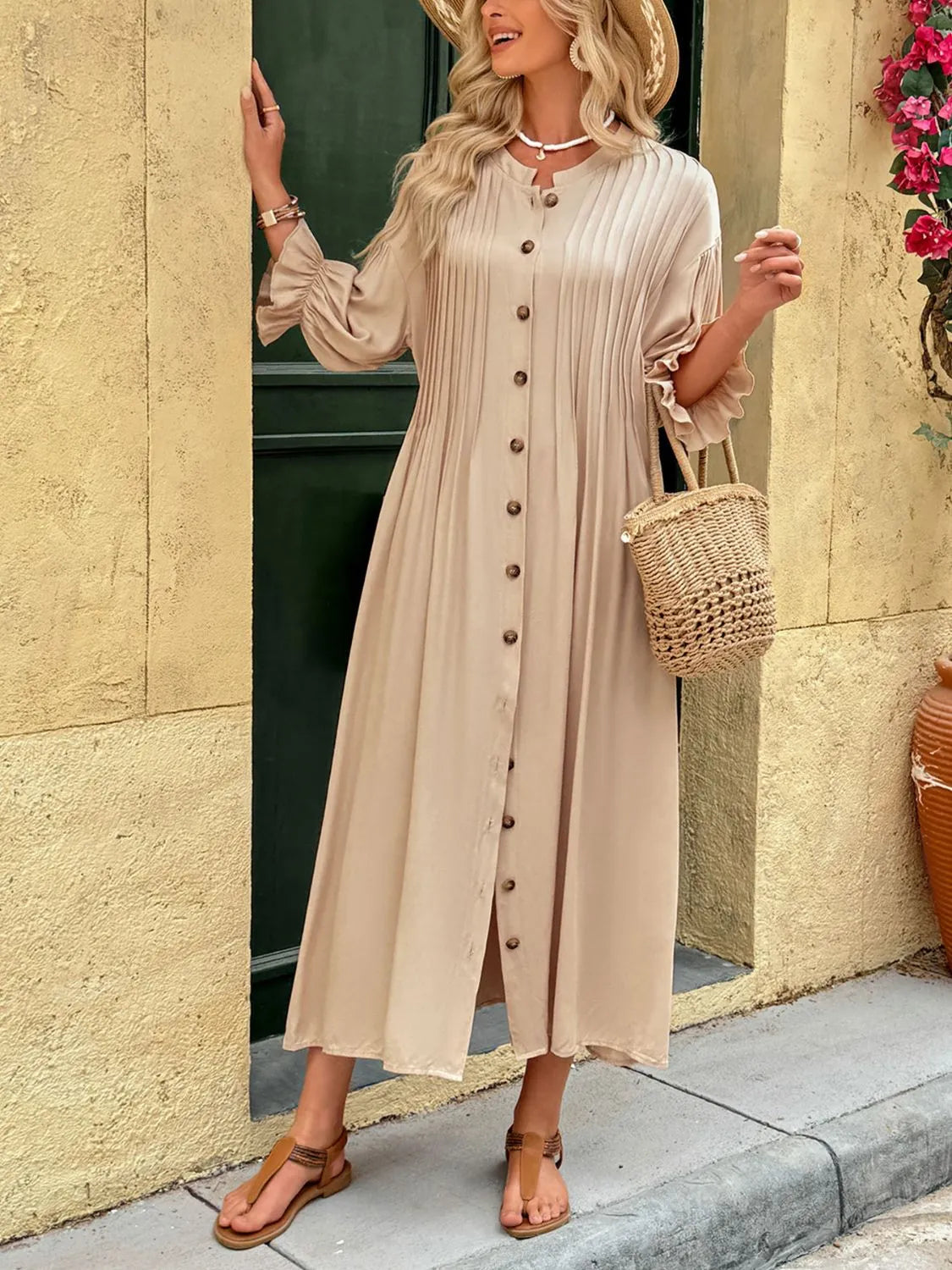 Button Front Flounce Sleeve Tan Dress - Tigbul's Variety Fashion Shop