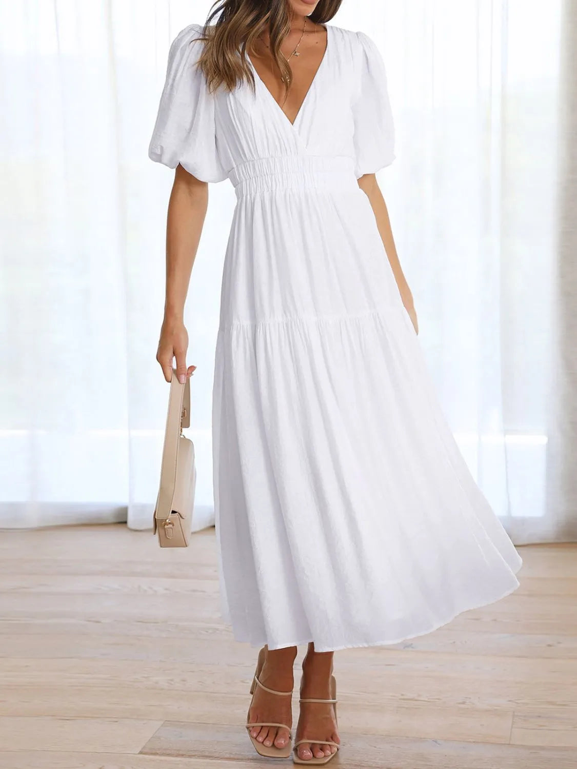 V-Neck Puff Sleeve Midi Dress - Tigbul's Variety Fashion Shop