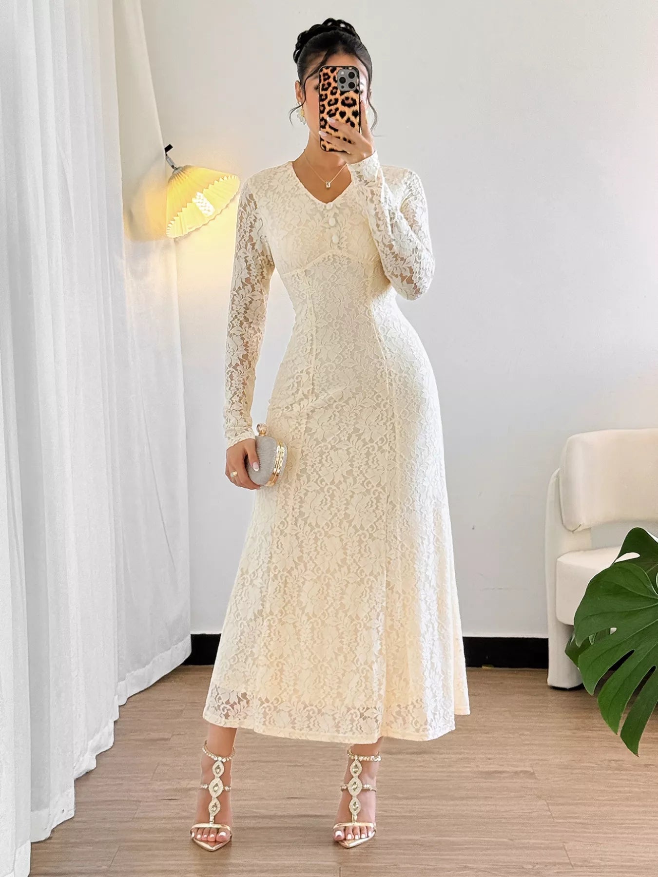 Lace V-Neck Long Sleeve Dress - Tigbul's Variety Fashion Shop