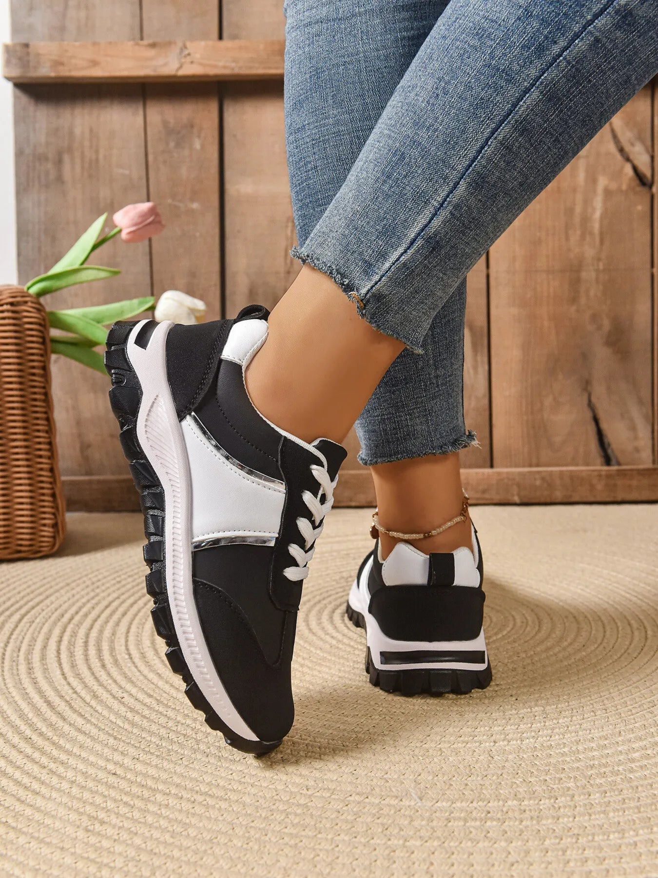 Contrast Lace Up Sneakers - Tigbul's Variety Fashion Shop