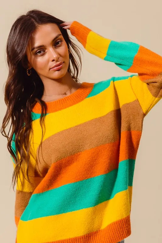 SO ME Multi Color Stripe Sweater with Ribbed Detail - Tigbul's Variety Fashion Shop