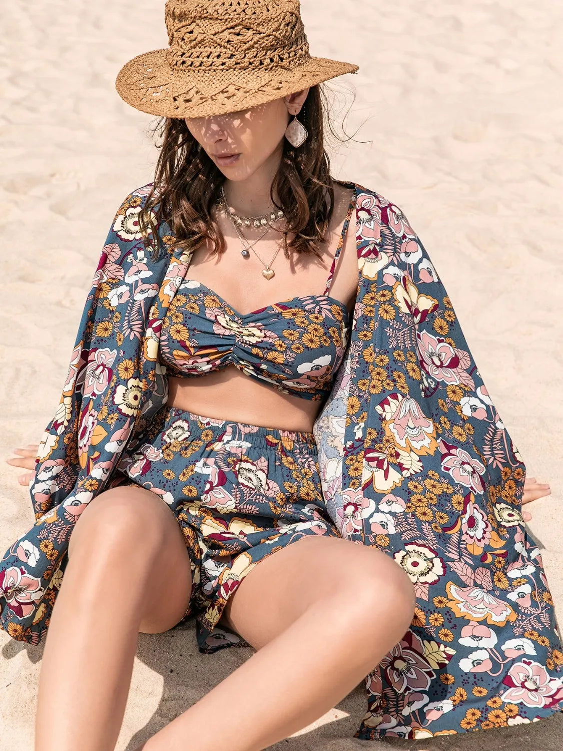 Printed Bra, Cover-Up and Shorts Set - Tigbul's Variety Fashion Shop