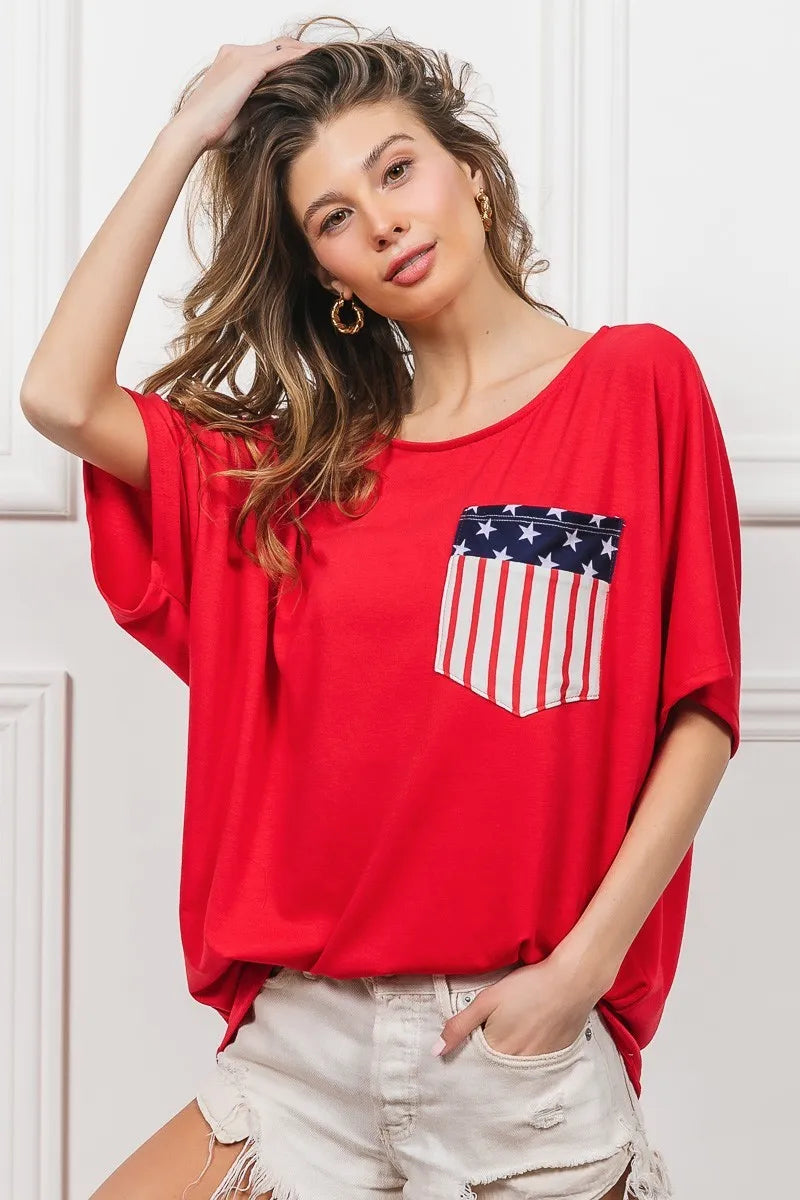 Red French Terry With Front Pocket Dolman Sleeves Top - Tigbul's Variety Fashion Shop
