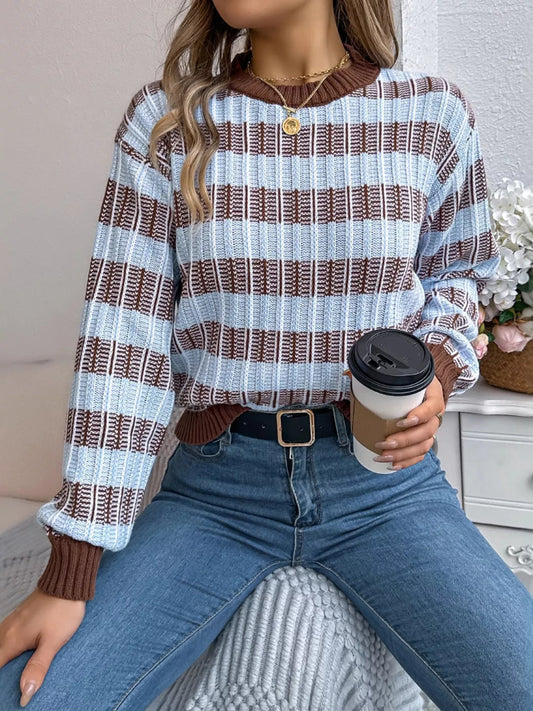 Striped Round Neck Long Sleeve Sweater - Tigbul's Variety Fashion Shop