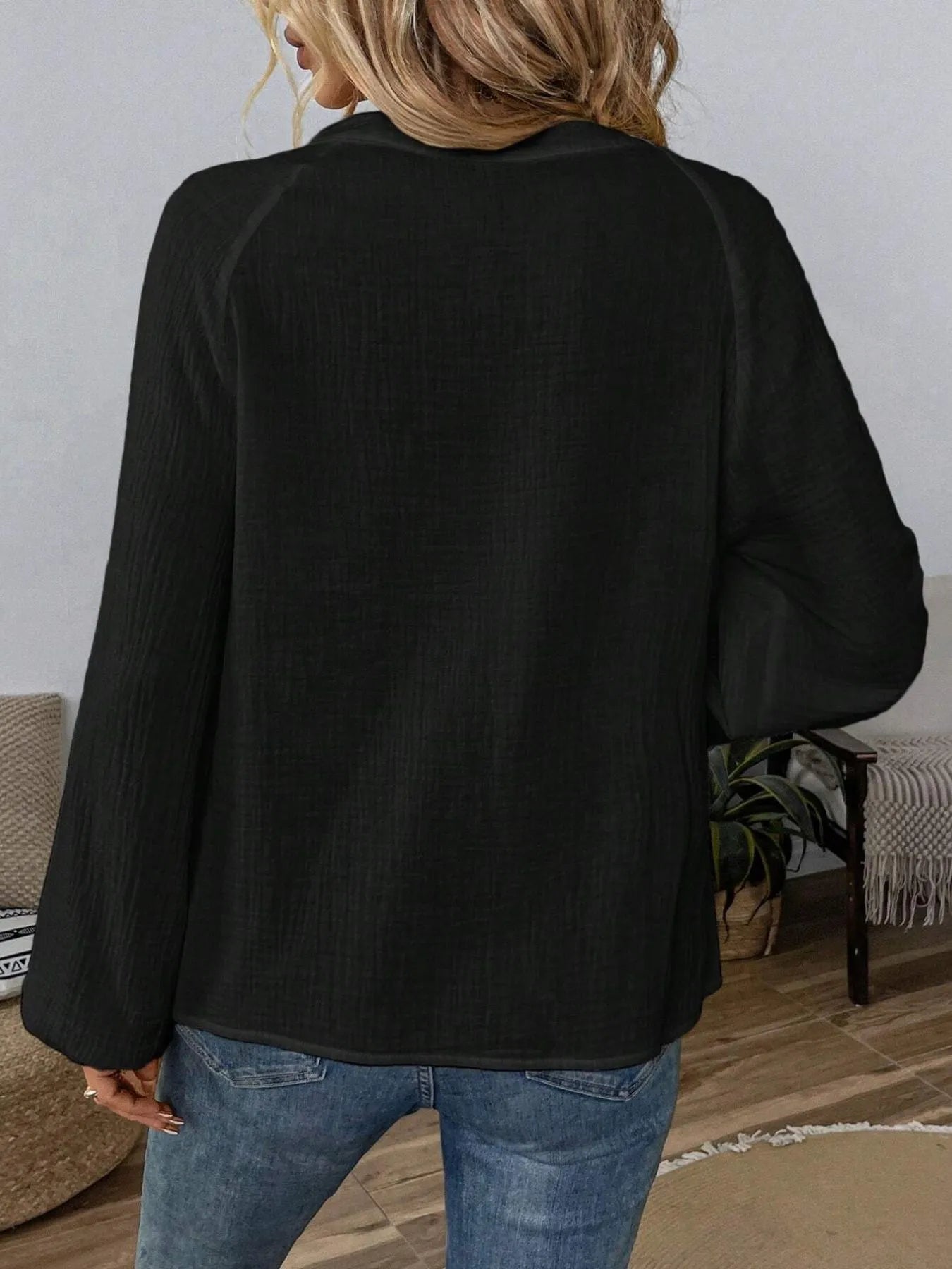 Paisley Pattern Notched Long Sleeve Blouse - Tigbul's Variety Fashion Shop
