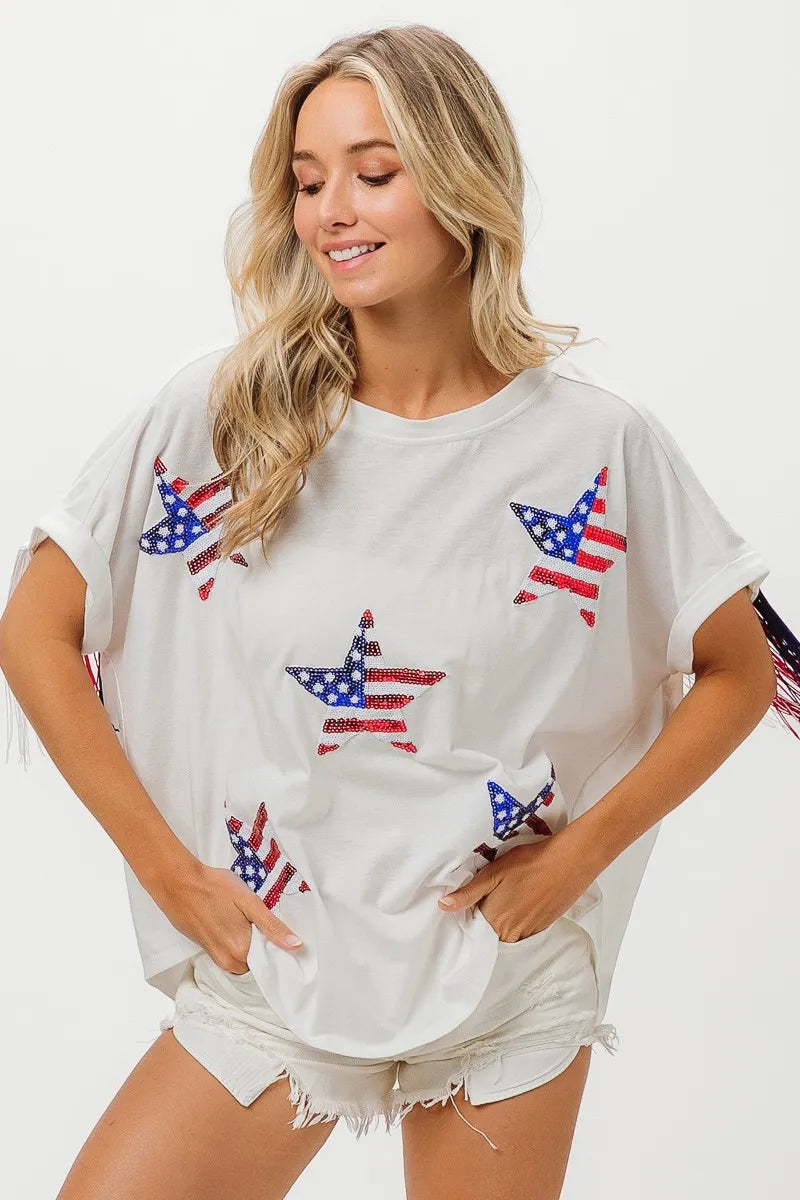 American Flag Sequin Star Fringe Top - Tigbul's Variety Fashion Shop