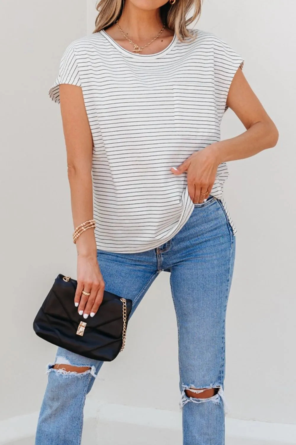 Stripe Cap Sleeve Crew Neck Casual Tee with Chest Pocket - Tigbul's Variety Fashion Shop