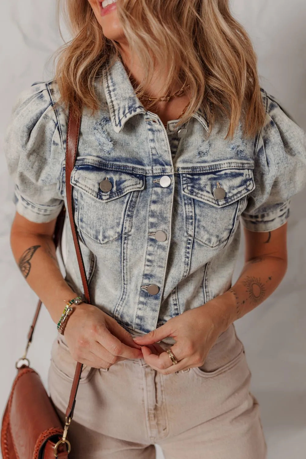 Wash Buttoned Chest Pocket Puff Sleeve Denim Jacket - Tigbul's Variety Fashion Shop