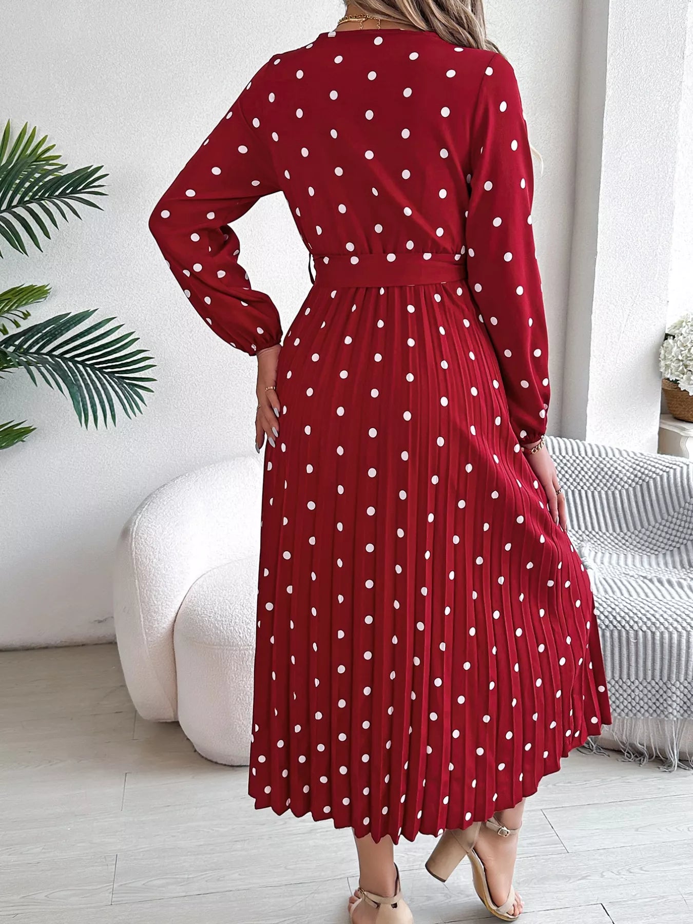 Front Tie Polka Dot Midi Pleated Dress - Tigbul's Variety Fashion Shop