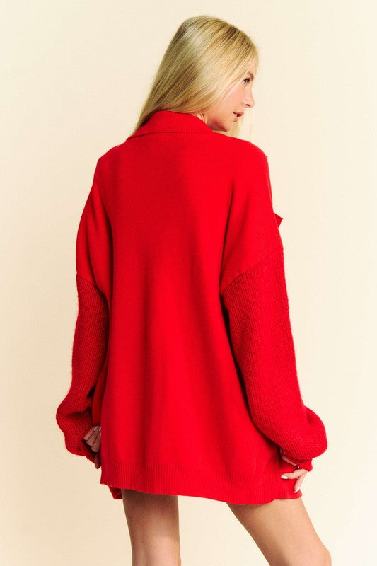 Red Button Up Dropped Shoulder Cardigan with Pockets - Tigbul's Variety Fashion Shop