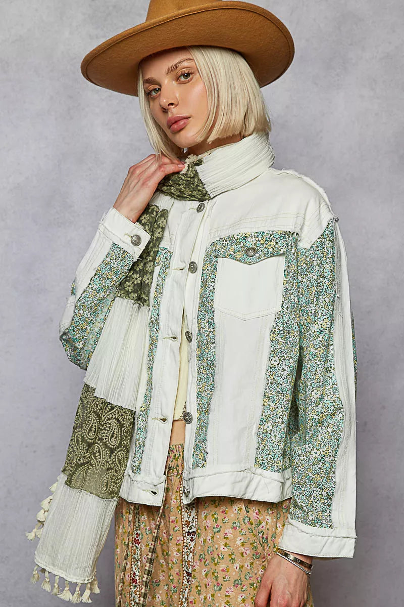 POL Button Down Patchwork Denim Jacket with Floral Print Details - Tigbul's Variety Fashion Shop