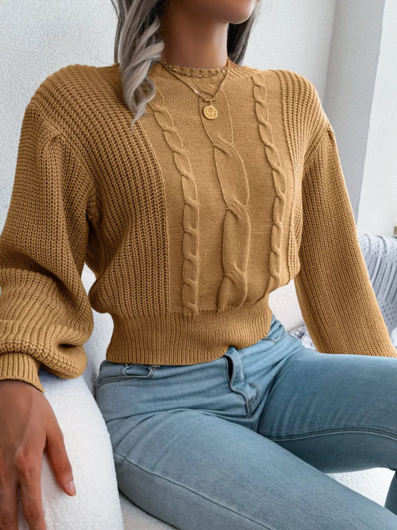Cable Knit Round Neck Cropped Sweater - Tigbul's Variety Fashion Shop