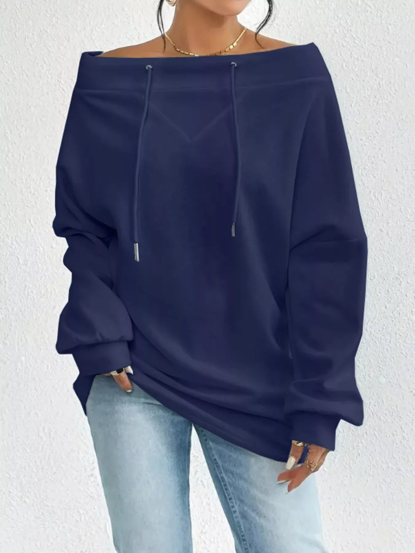 Full Size Off-Shoulder Drawstring Long Sleeve Top Plus Size - Tigbul's Variety Fashion Shop