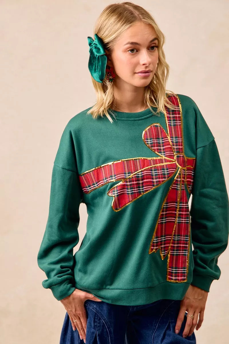 Plaid Ribbon Bow Detail Christmas Fleece Pullover Sweater - Tigbul's Variety Fashion Shop