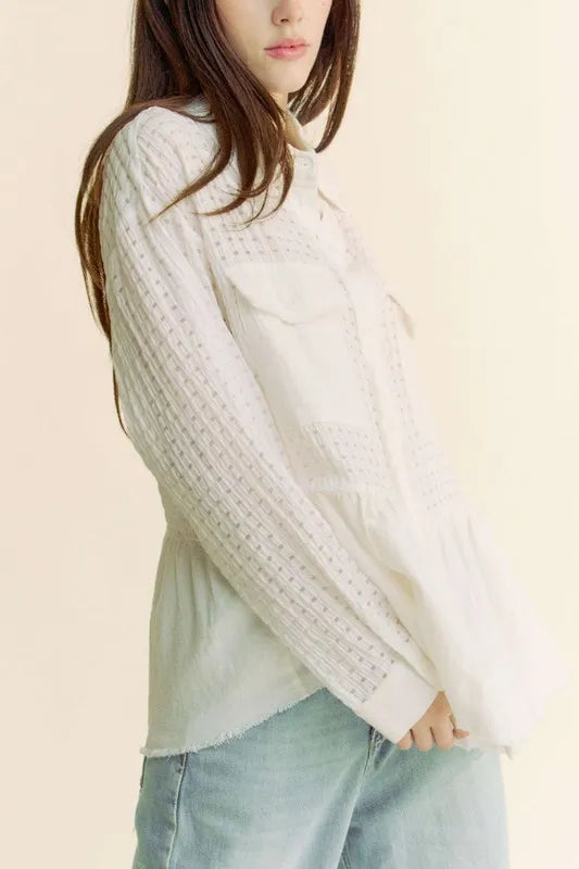 White Garment Washed Jacquard Button Front Shirt - Tigbul's Variety Fashion Shop