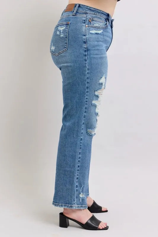 Judy Blue Full Size High Waist Heavy Destroy Straight Jeans Plus Size - Tigbul's Variety Fashion Shop