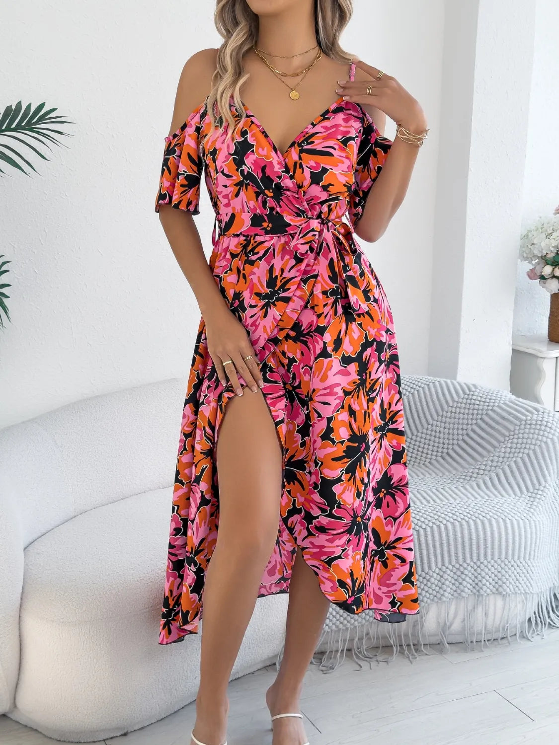 Printed Cold Shoulder Midi Cami Dress - Tigbul's Variety Fashion Shop