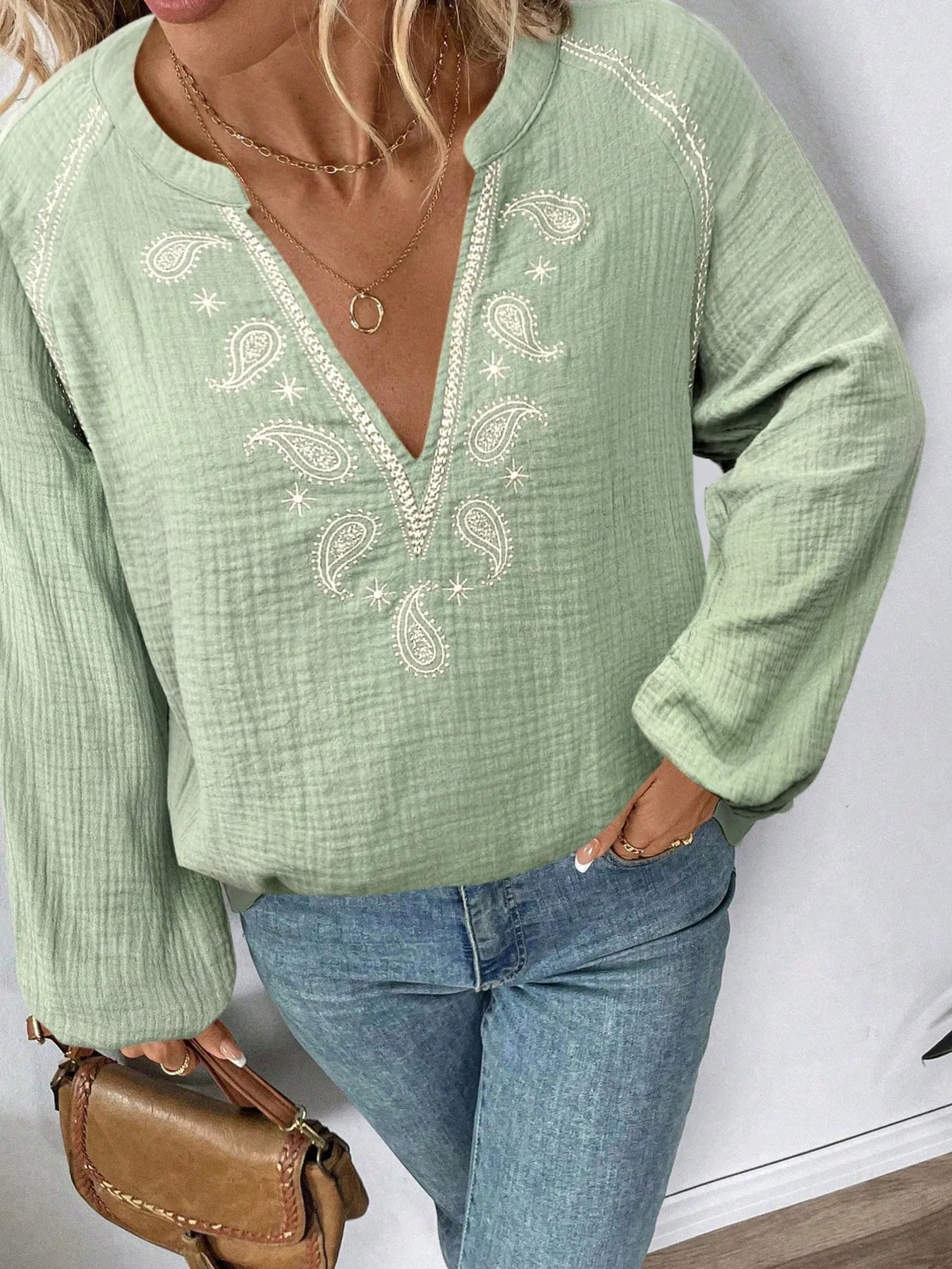 Paisley Pattern Notched Long Sleeve Blouse - Tigbul's Variety Fashion Shop