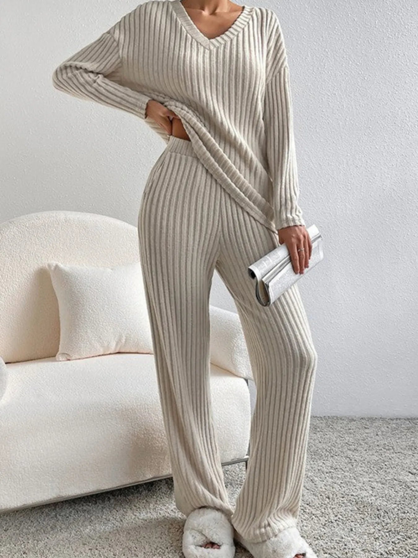 Ribbed Knit V-Neck Top and Pants Lounge Set - Tigbul's Variety Fashion Shop