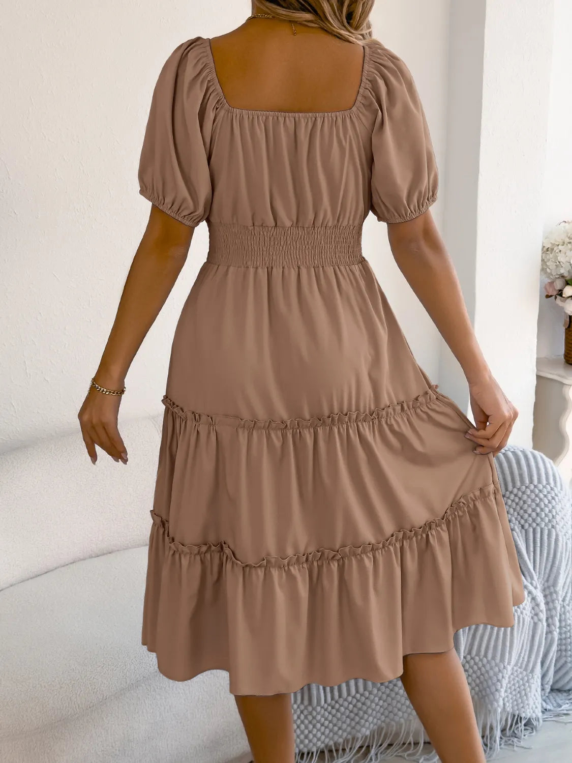 Square Neck Short Puff Sleeve Dress - Tigbul's Variety Fashion Shop