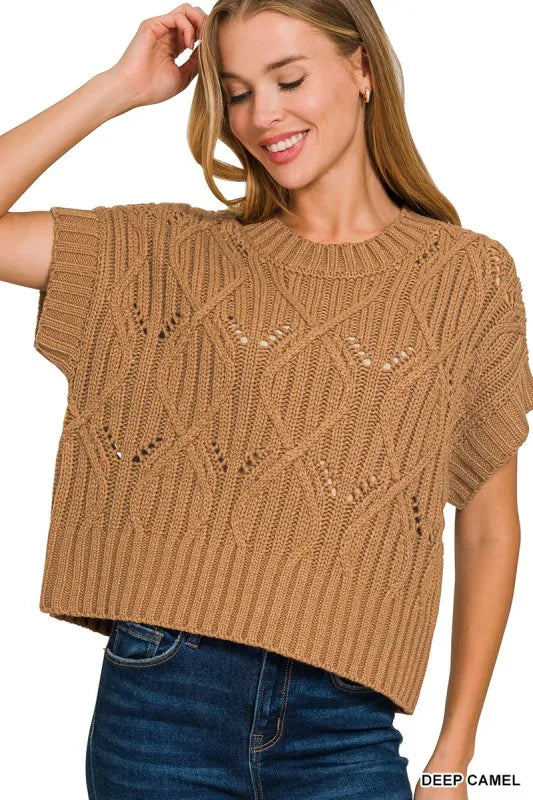 Zenana Cable Knit Short Sleeve Sweater - Tigbul's Variety Fashion Shop