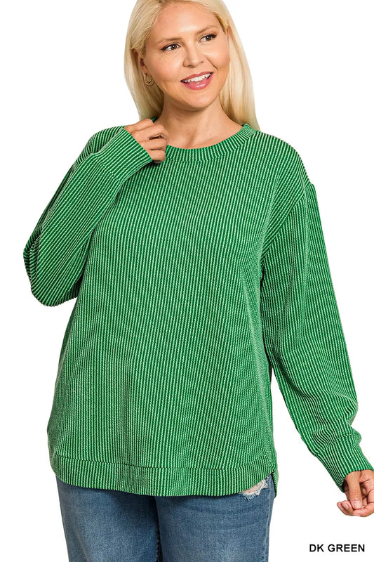 Zenana Full Size Raised Rib Round Neck Long Sleeve Top Plus Size - Tigbul's Variety Fashion Shop