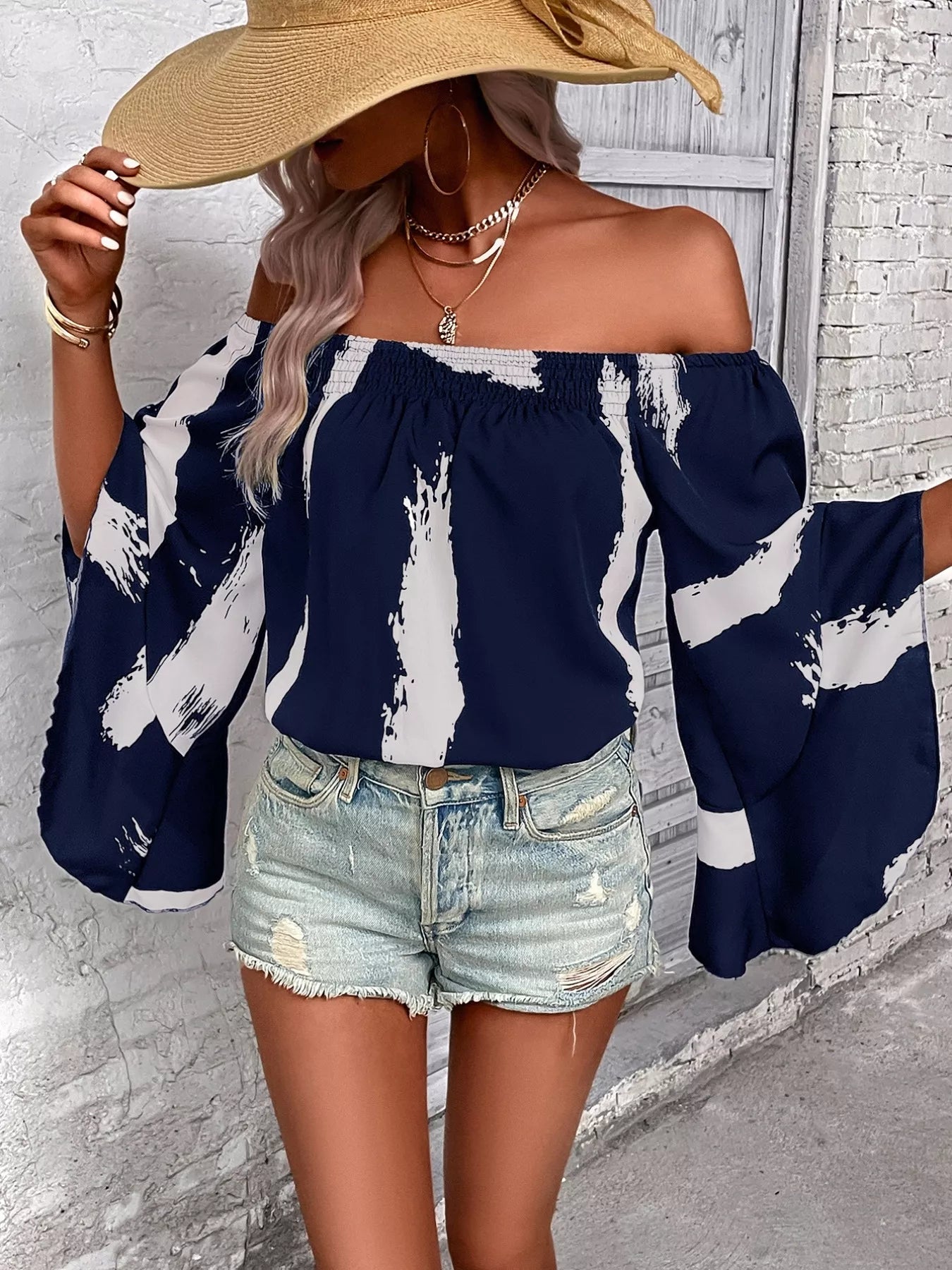 Off Shoulder Bell Sleeve Blouse - Tigbul's Variety Fashion Shop
