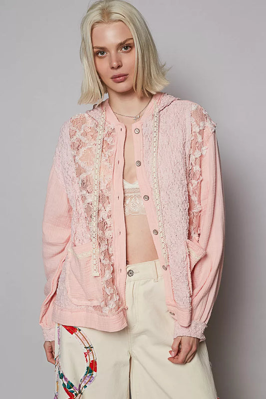 POL Exposed Seam Button Down Hooded Jacket with Lace Detail - Tigbul's Variety Fashion Shop