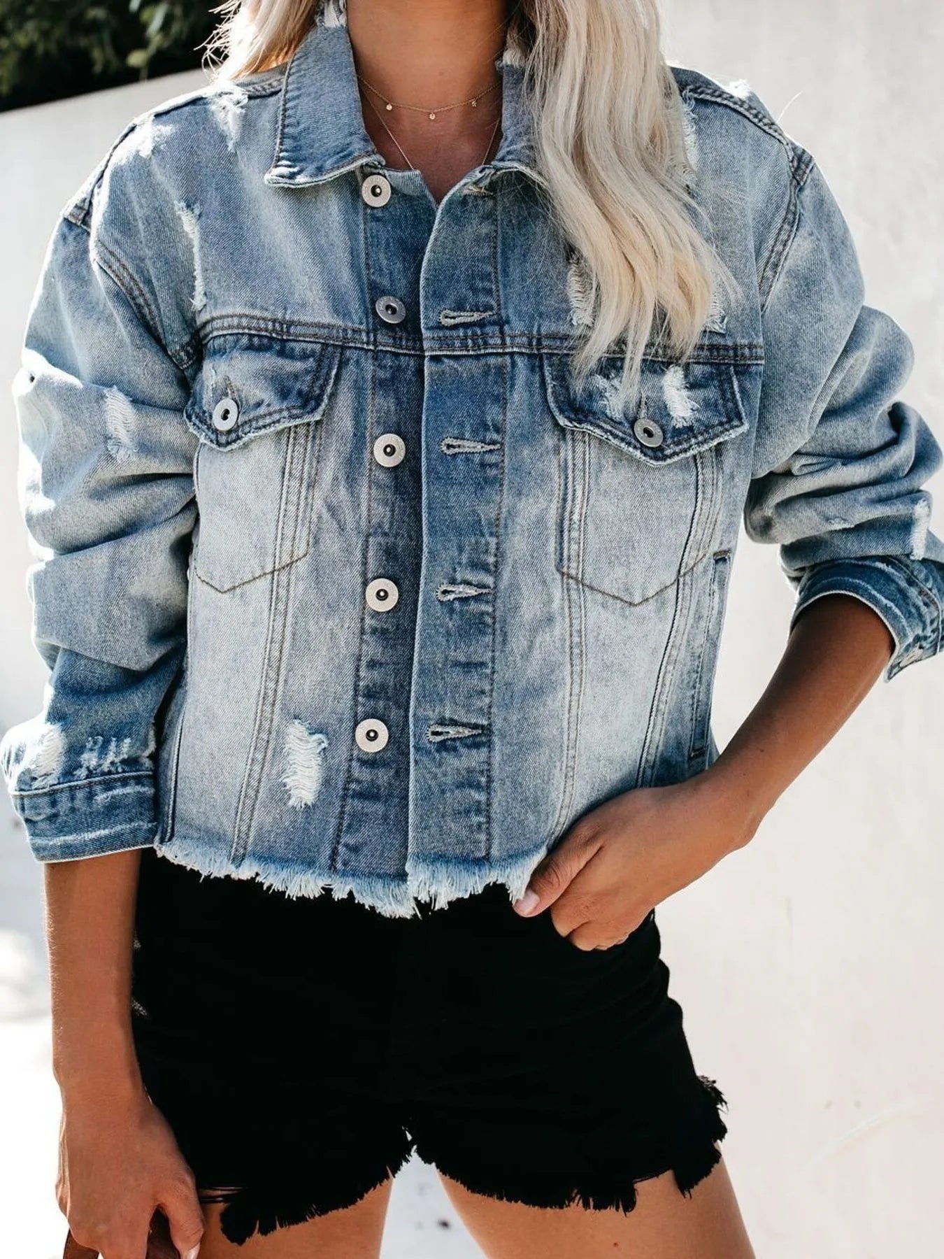 Distressed Raw Hem Denim Jacket - Tigbul's Variety Fashion Shop