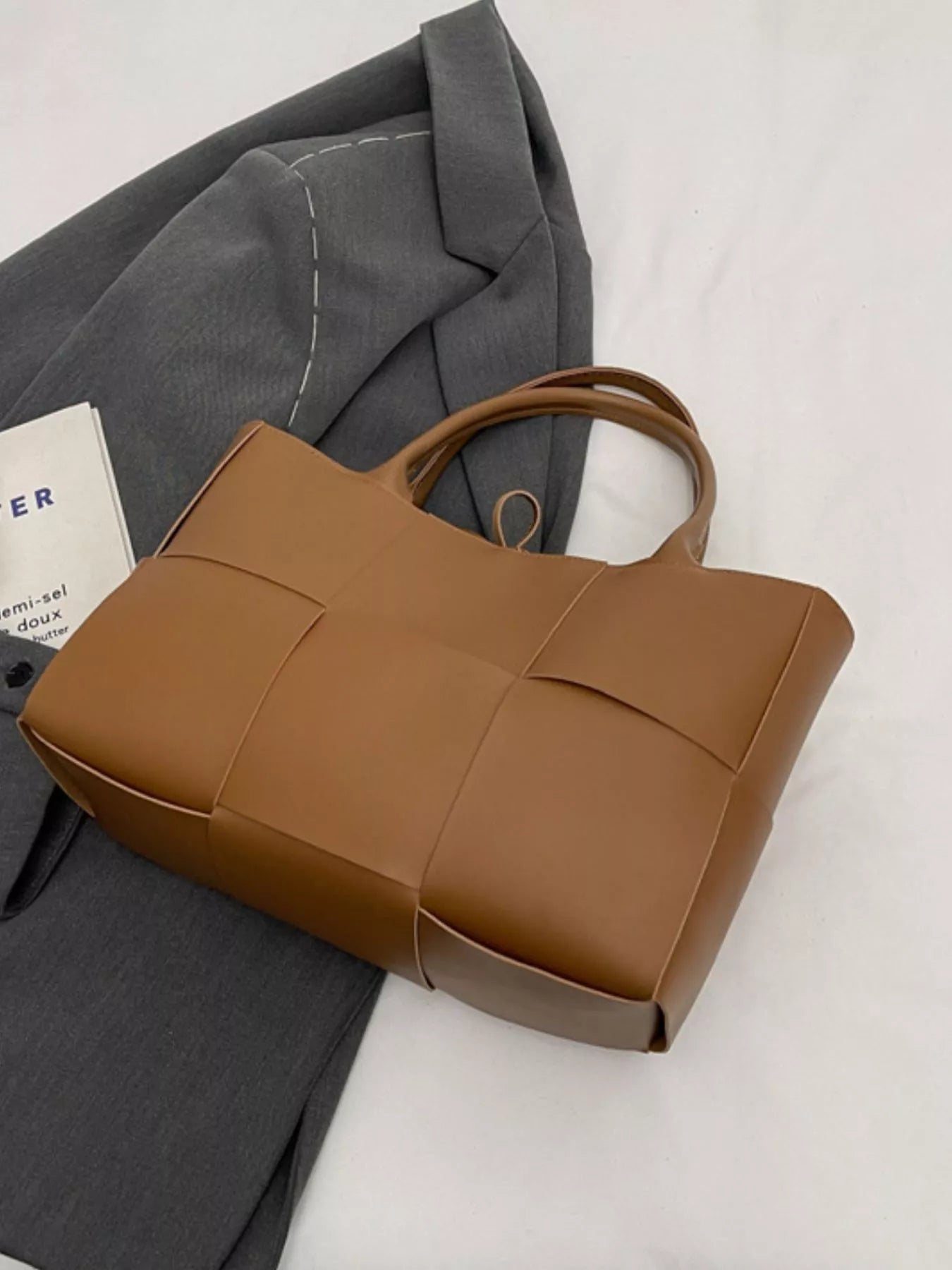 Woven Faux Leather Tote Bag - Tigbul's Variety Fashion Shop