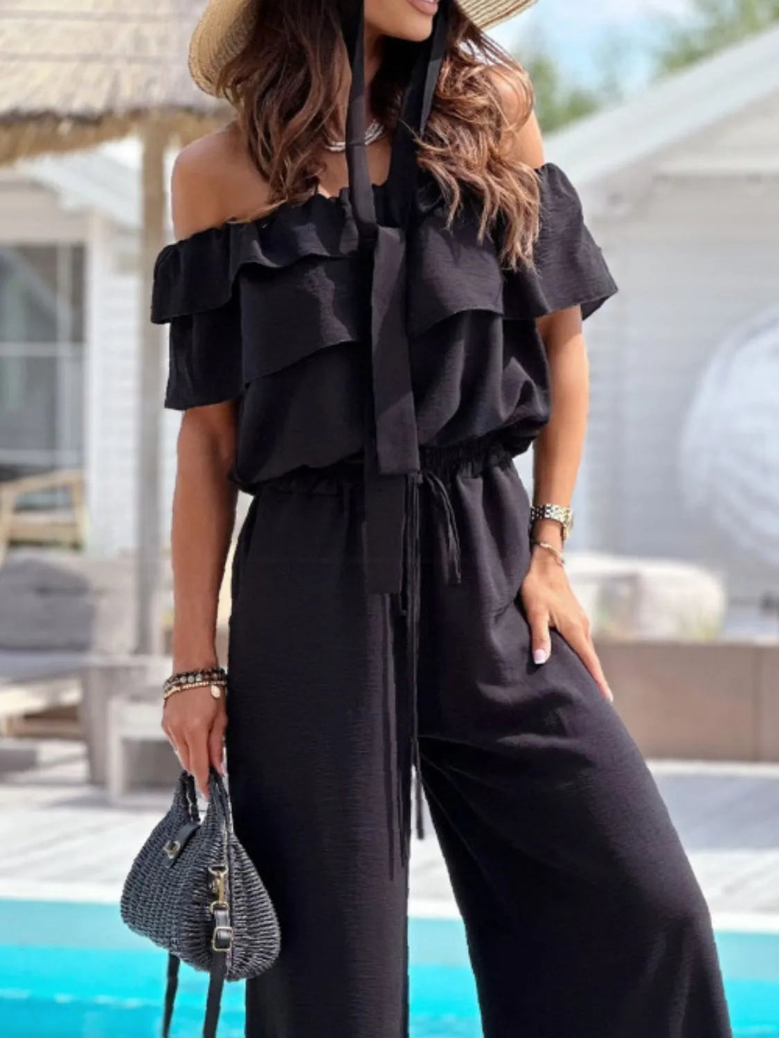 Off-Shoulder Ruffled Wide Leg Jumpsuit - Tigbul's Variety Fashion Shop