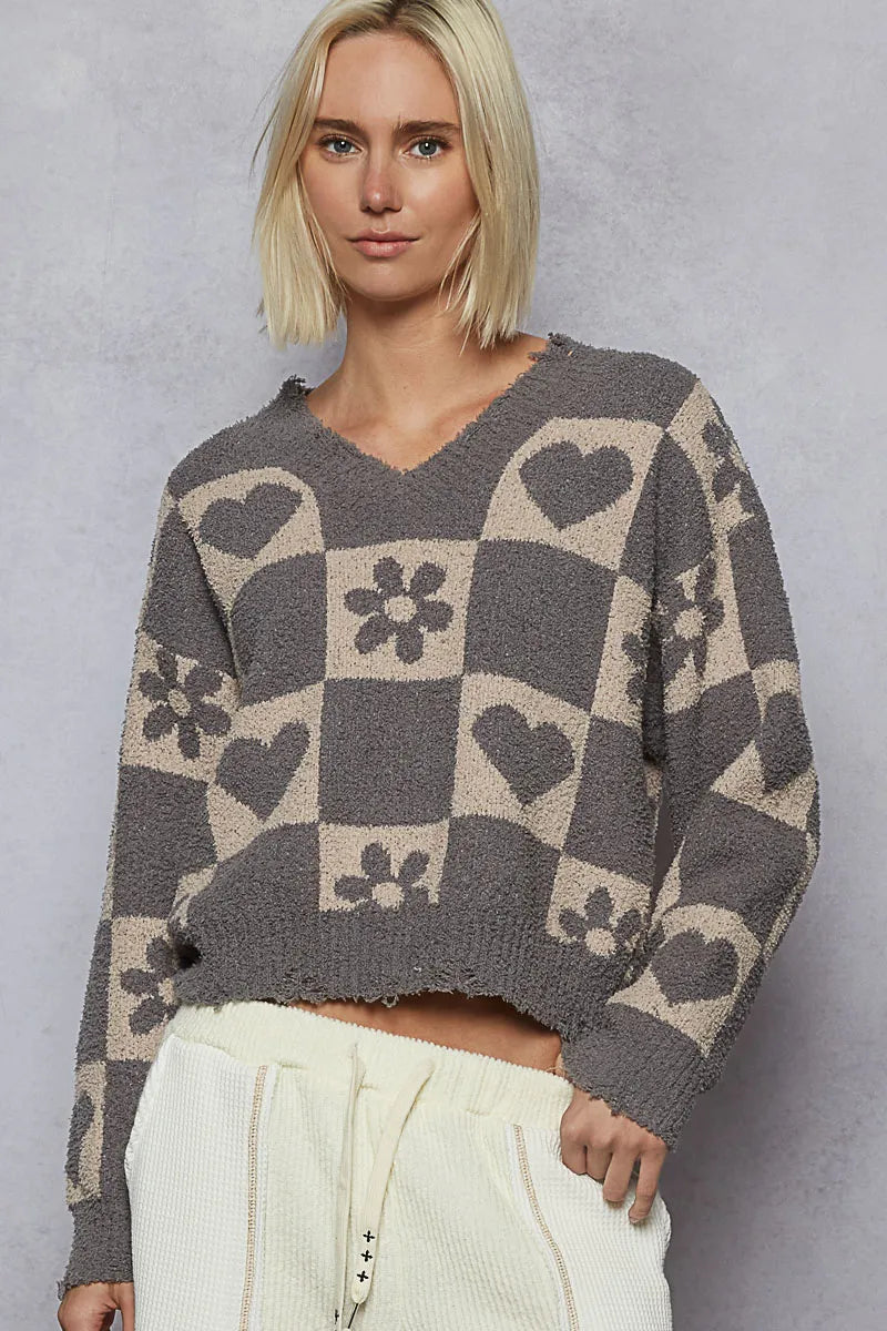 POL V-Neck Heart Pattern Checkered Sweater - Tigbul's Variety Fashion Shop