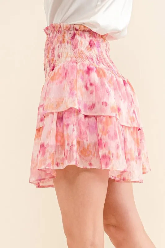Printed Lurex Smocked Waist Tiered Skort - Tigbul's Variety Fashion Shop