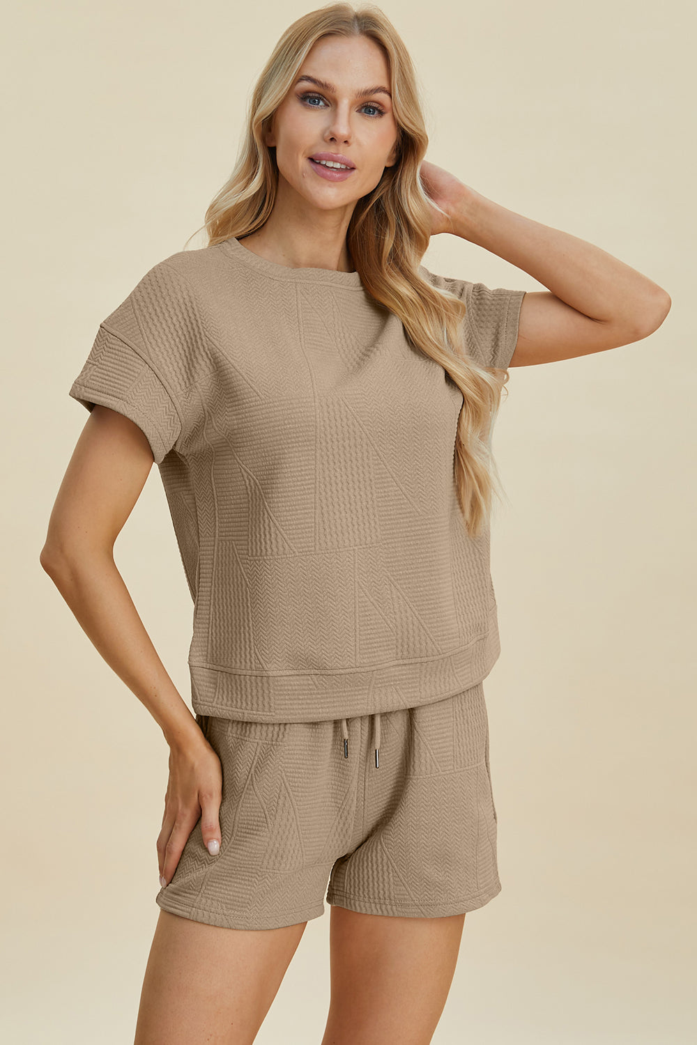 Texture Short Sleeve Top and Shorts Set - Tigbul's Variety Fashion Shop