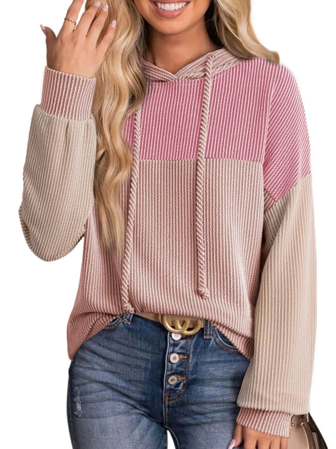 Drawstring Color Block Long Sleeve Hoodie - Tigbul's Variety Fashion Shop