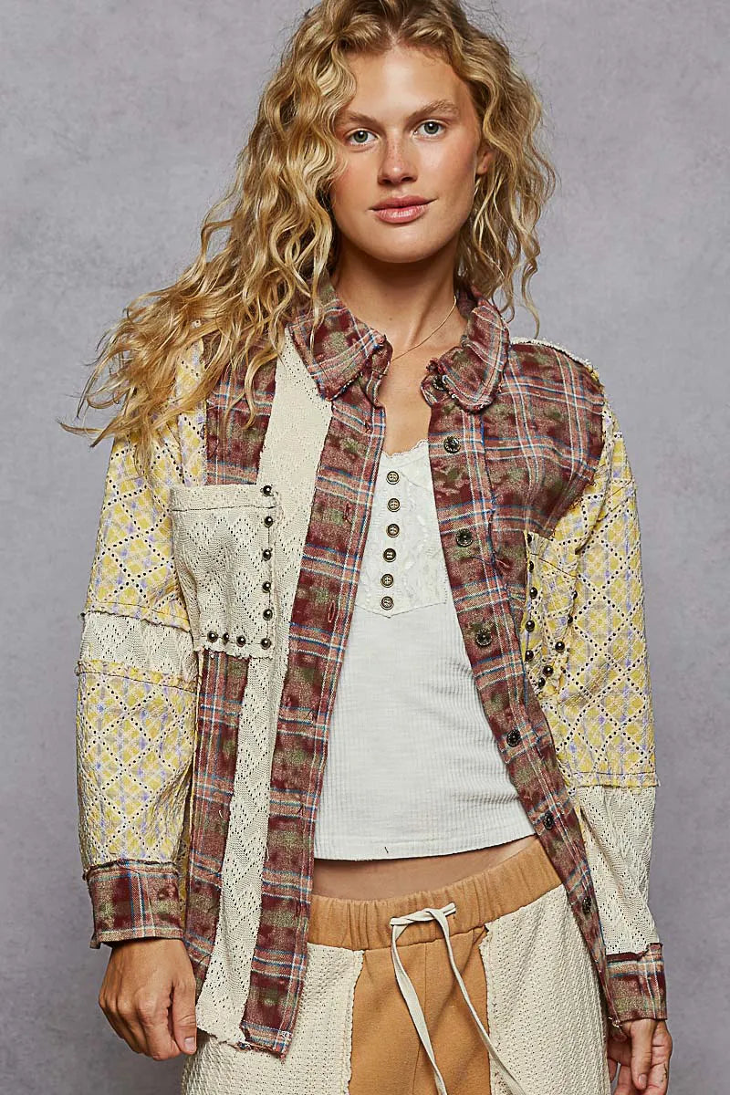 POL Studded Contrast Plaid Long Sleeve Shirt - Tigbul's Variety Fashion Shop