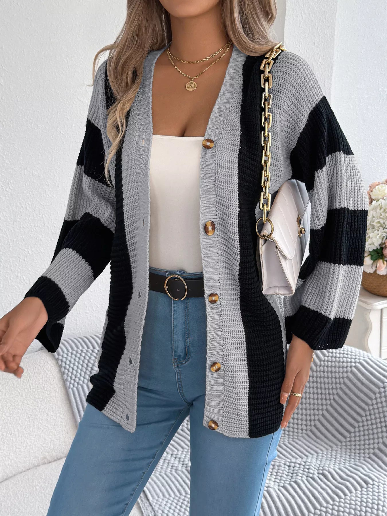 Color Block Button-Up Cardigan - Tigbul's Variety Fashion Shop