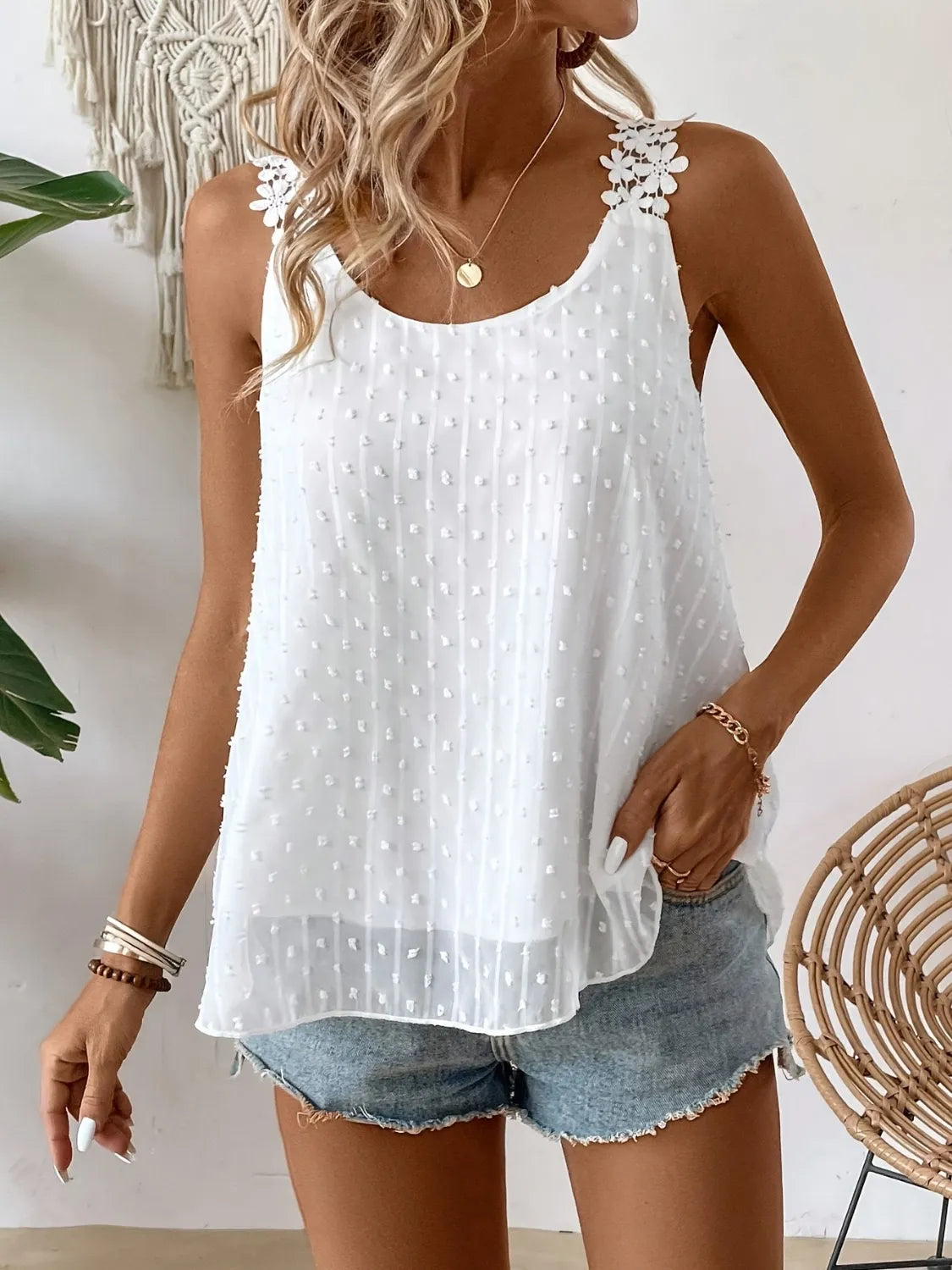White Swiss Dot Scoop Neck Cami - Tigbul's Variety Fashion Shop